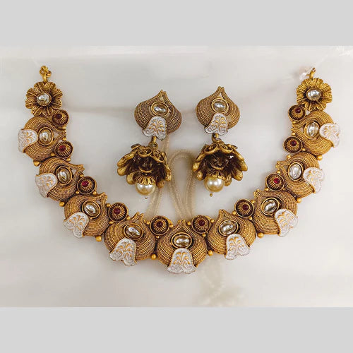 Bhavi Jewels Gold Plated Pota Stone And Meenakari Necklace Set