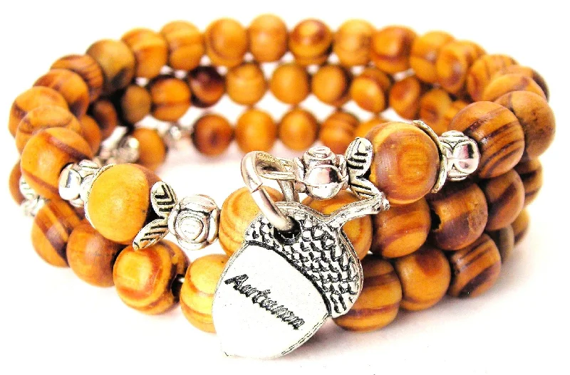 Autumn Acorn Natural Wood Wrap Bracelet