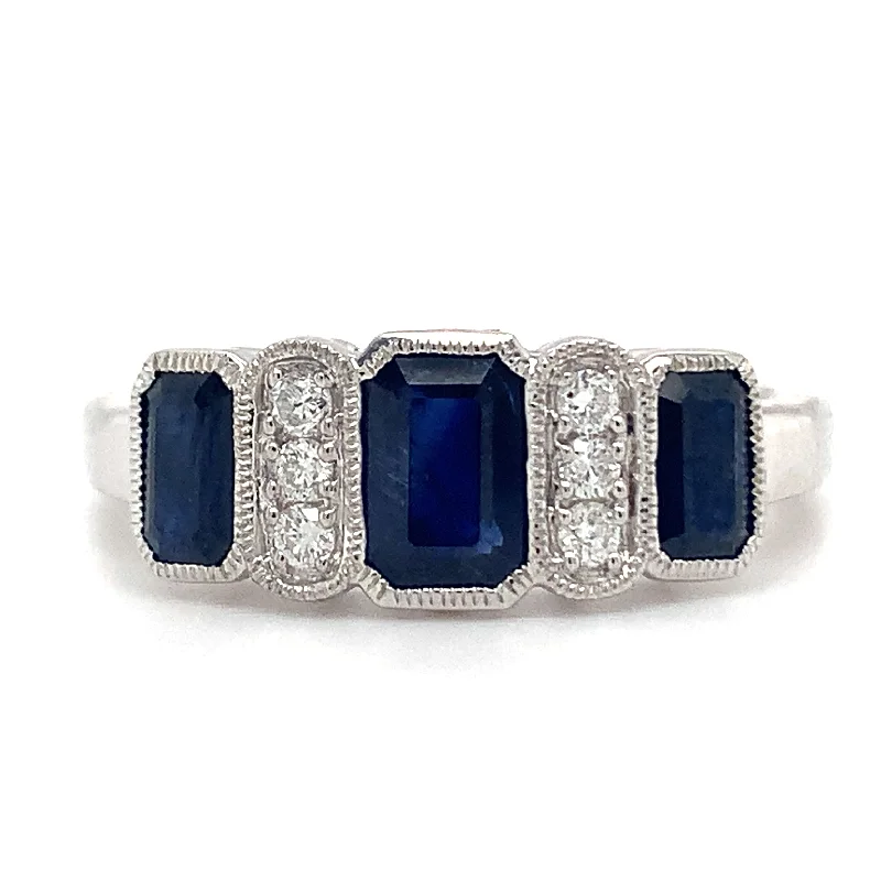 9ct White Gold Earth Grown Emerald Cut Sapphire Trio & Diamond Ring