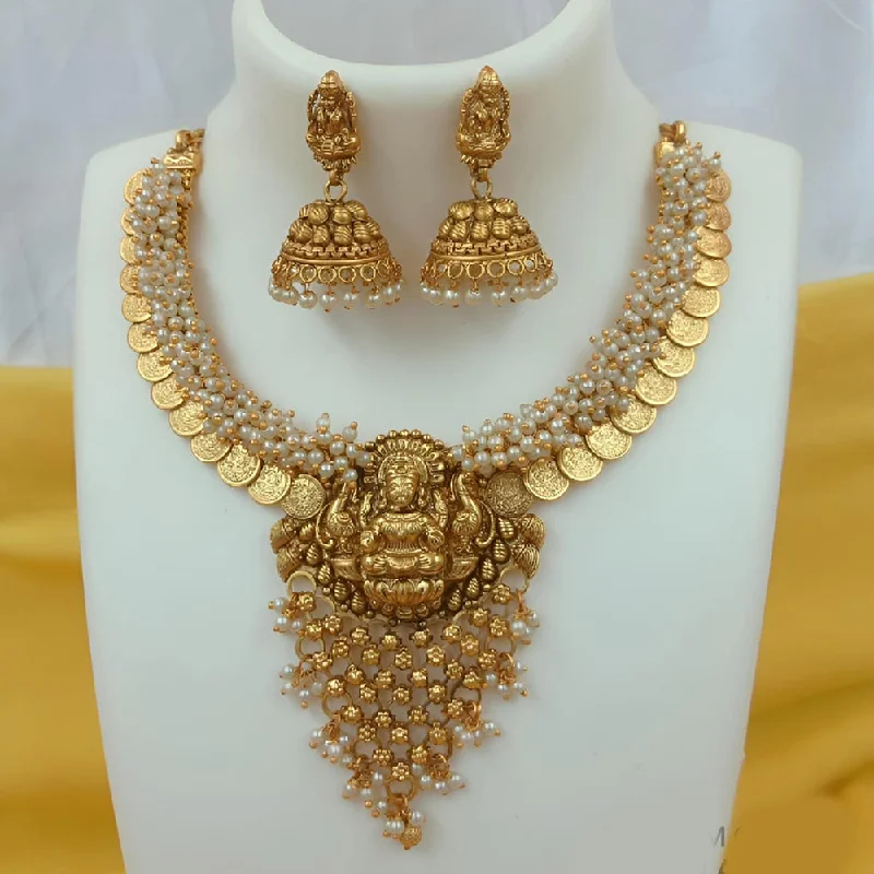 Joyful Jewel Art Matte Gold Plated Pearls Temple Necklace Set