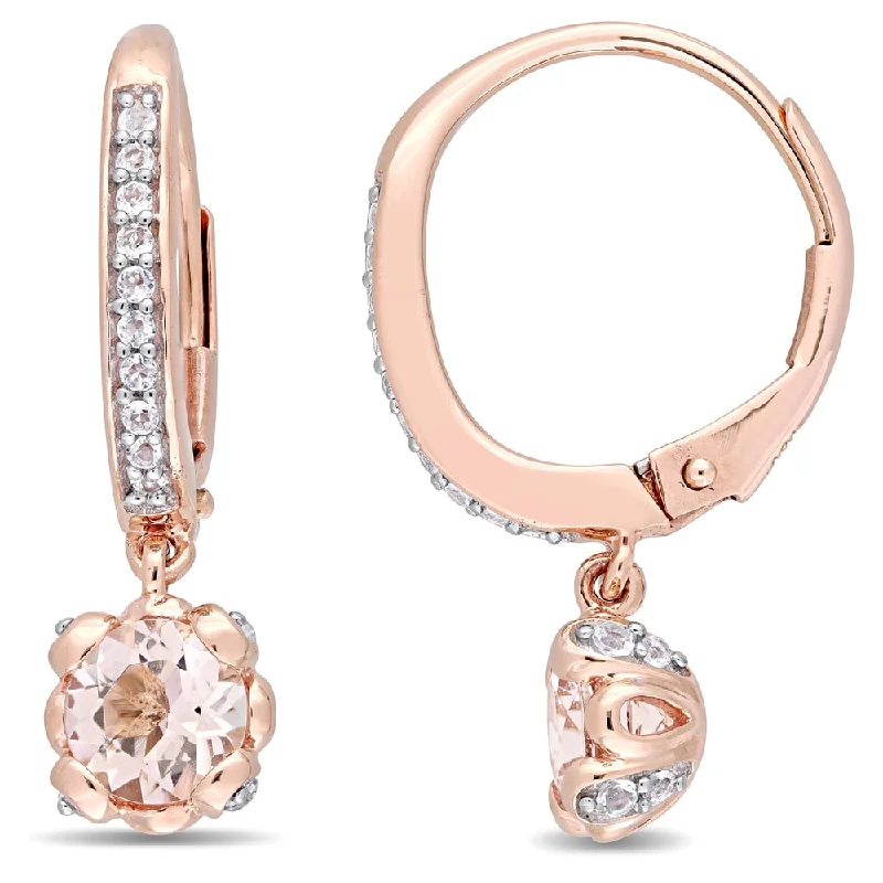 Miadora Signature Collection 10k Rose Gold Morganite and White Topaz Halo Leverback Dangle Earrings