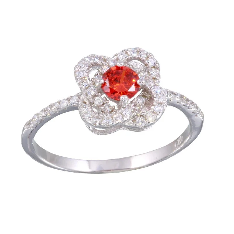 Rhodium Plated 925 Sterling Silver CZ Knot Red Center Stone Ring - BGR01141RED