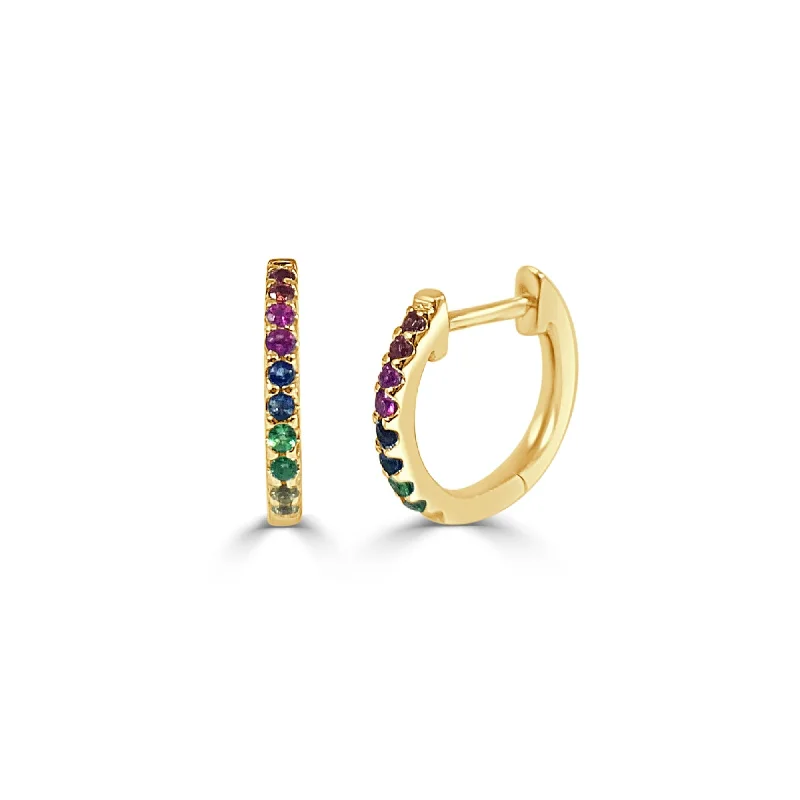 Joelle Multi Sapphire Huggie Earring - 14K Gold Earrings U-Shaped Hoops With Rainbow Sapphires