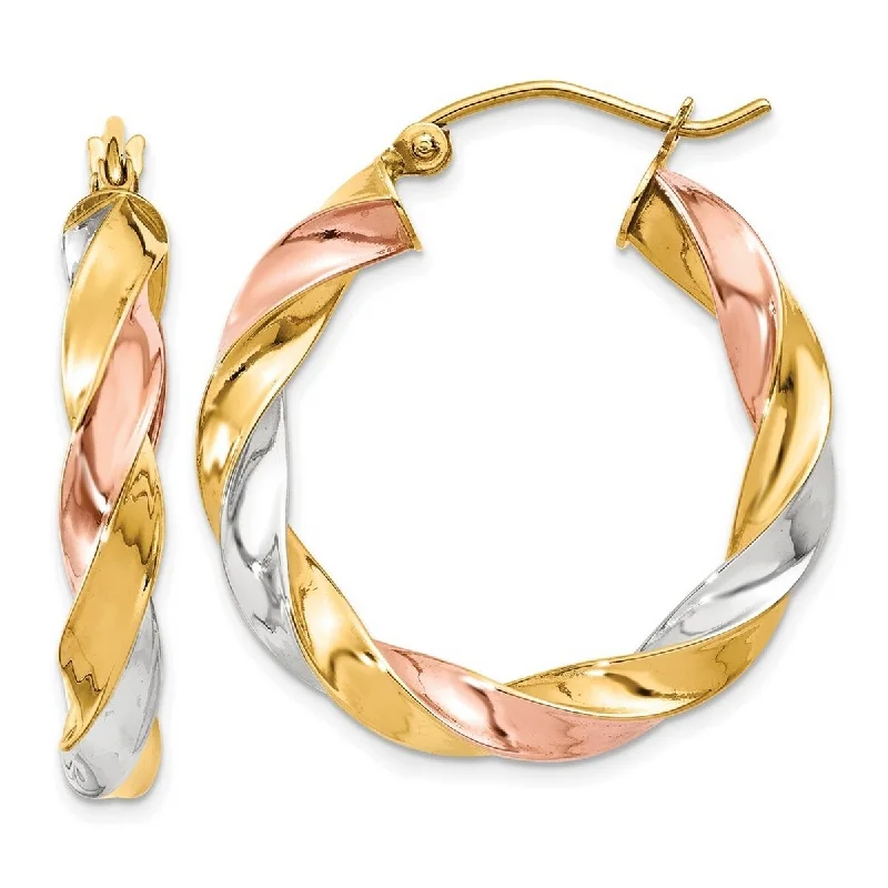 Curata 14k Tri-color Gold Light 4x29mm Twisted Hoop Earrings