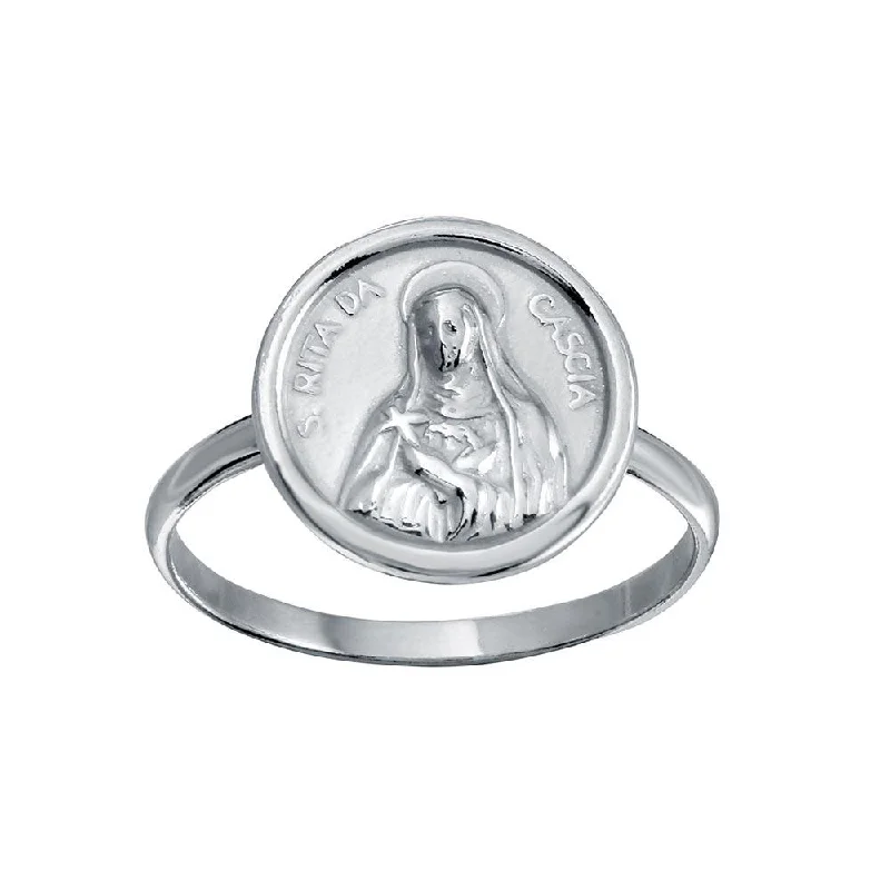 High Polished 925 Sterling Silver Disc Mother Mary Design Ring - SOR00031