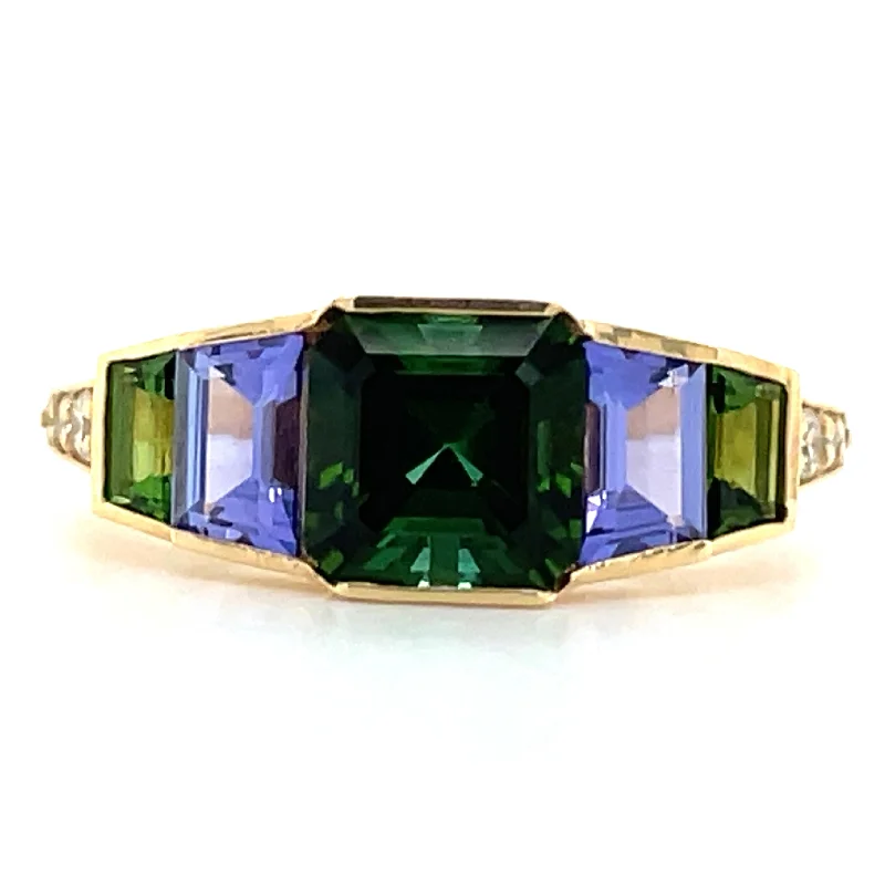 18ct Yellow Gold Earth Grown Green Tourmaline, Tanzanite & Diamond Ring