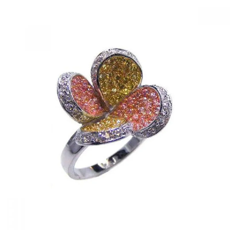 Clearance-925 Sterling Silver Three Toned Multi-Color CZ Flower Ring - BGR00040