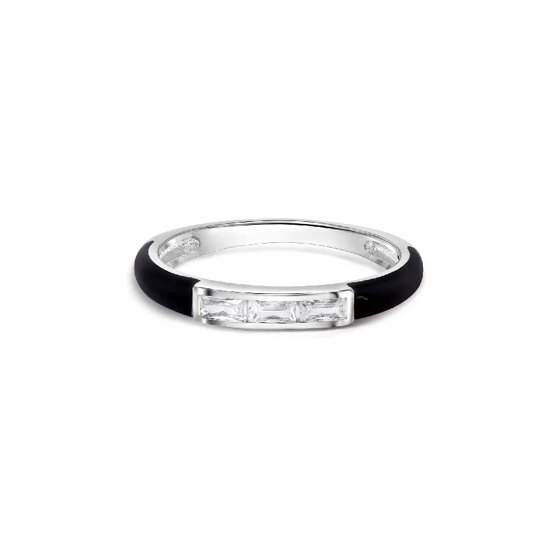 Rhodium Plated 925 Sterling Silver Clear Black Enamel Baguette CZ 2.5mm Ring - BGR01373