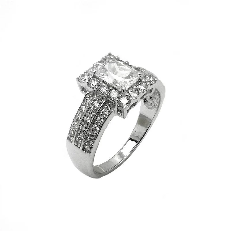 Silver 925 Rhodium Plated 3 Row Clear Rectangular CZ Bridal Engagement Ring - BGR00850