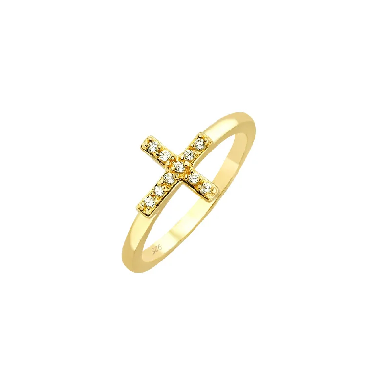 Silver 925 Gold Plated Clear CZ Mini Cross Ring - BGR00614GP