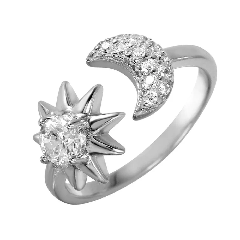 Silver 925 Rhodium Plated Sun and Moon Open Ring with CZ Accents - BGR00986