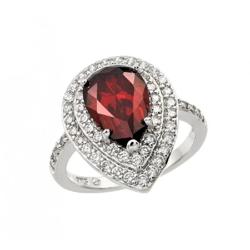 Silver 925 Rhodium Plated Red Center and Clear Cluster CZ Teardrop Ring - BGR00887RED