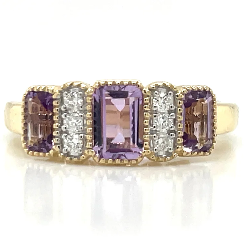 9ct White Gold Earth Grown 1.20ct Emerald Cut Purple Amethyst Trio & Diamond Ring