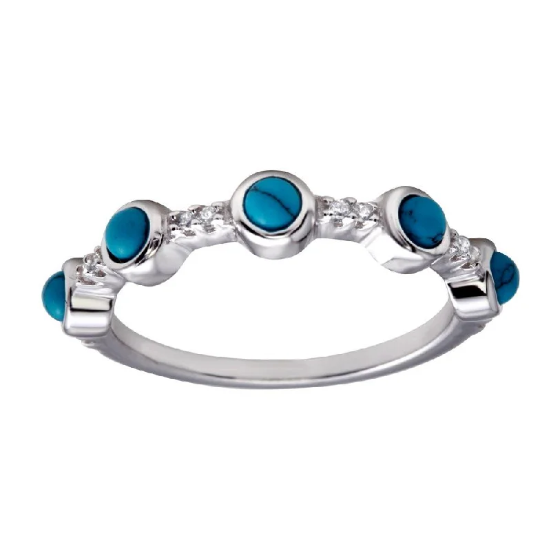 Rhodium Plated 925 Sterling Silver 5 Turquoise Stone Ring - BGR01179