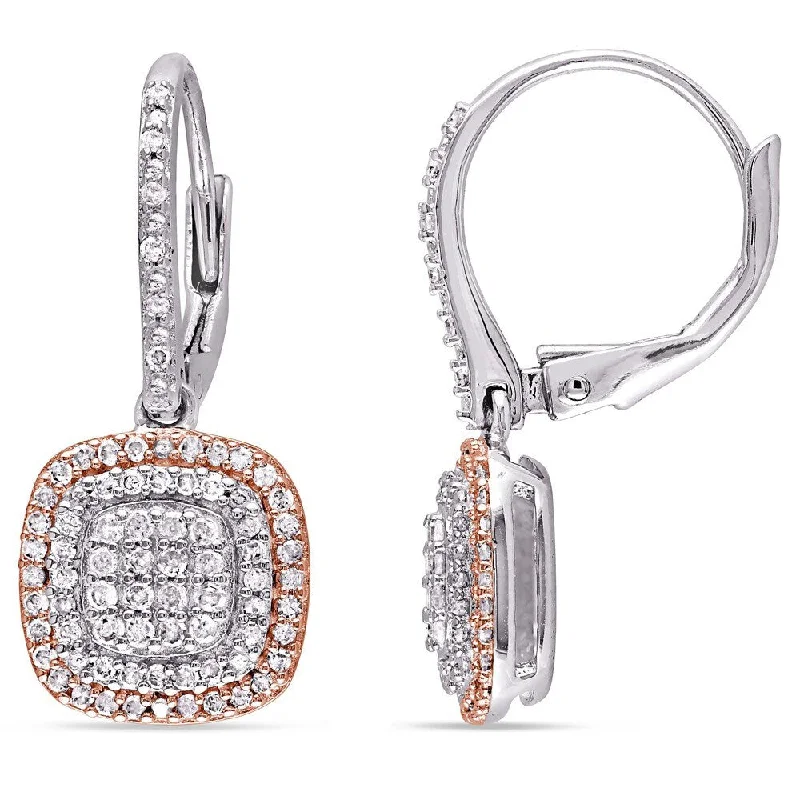 Miadora 2-Tone White and Rose Plated Sterling Silver 1/2ct TDW Diamond Grid Double Halo Leverback Earrings (I-J, I3-I4)