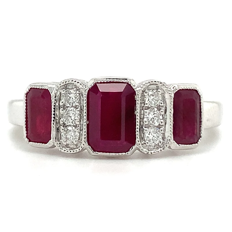 9ct White Gold Earth Grown Emerald Cut Ruby Trio & Diamond Ring