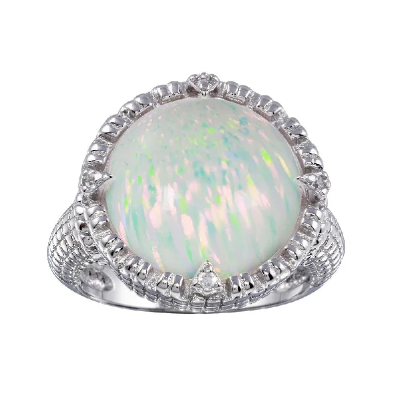 Rhodium Plated 925 Sterling Silver Round Opal Stone Ring with CZ - BGR01285