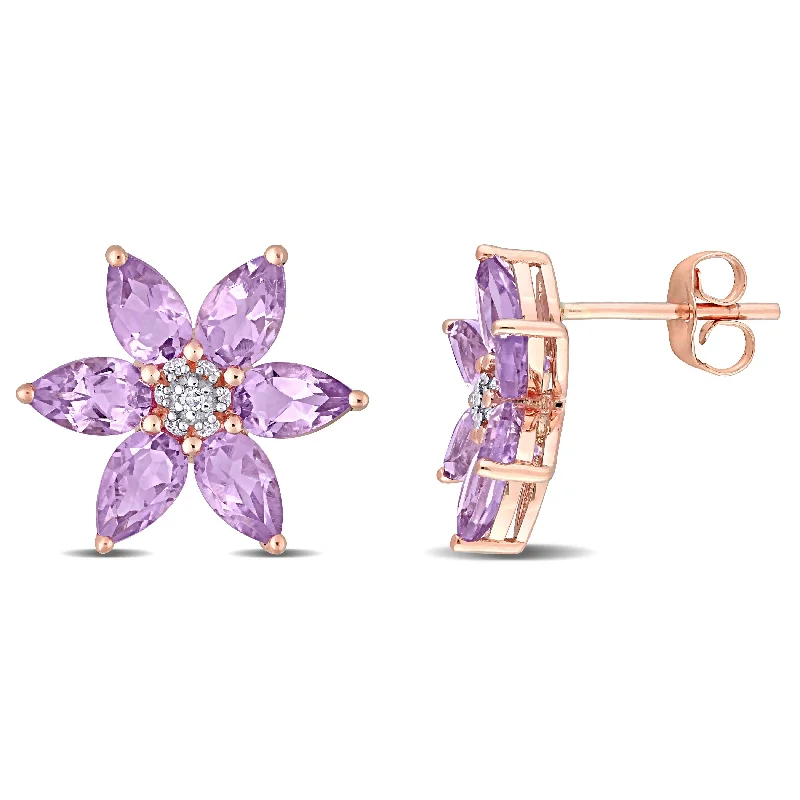 Miadora 10k Rose Gold Amethyst and Diamond Accent Floral Stud Earrings - 14 mm x 14.25 mm x 3 mm - 14 mm x 14.25 mm x 3 mm