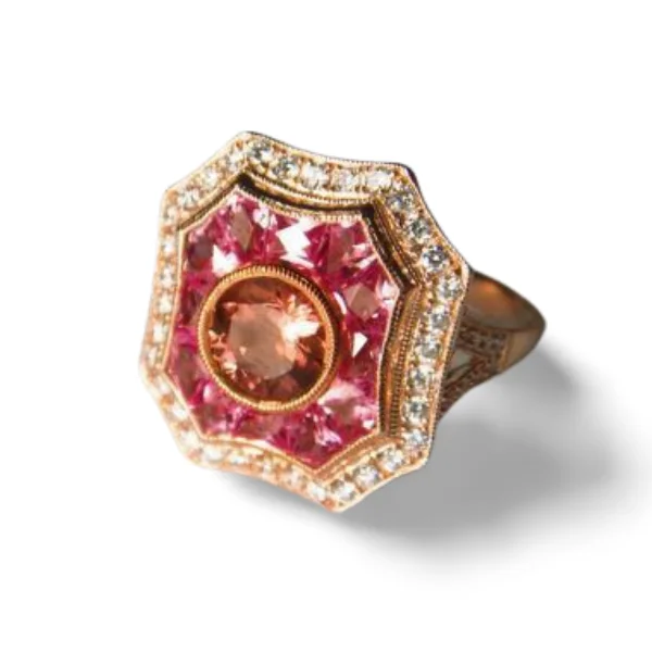 Gorgeous Art Deco 14K Pink Rose Gold Pink Tourmaline Hand Cut Pink Sapphire Diamond Ring Band