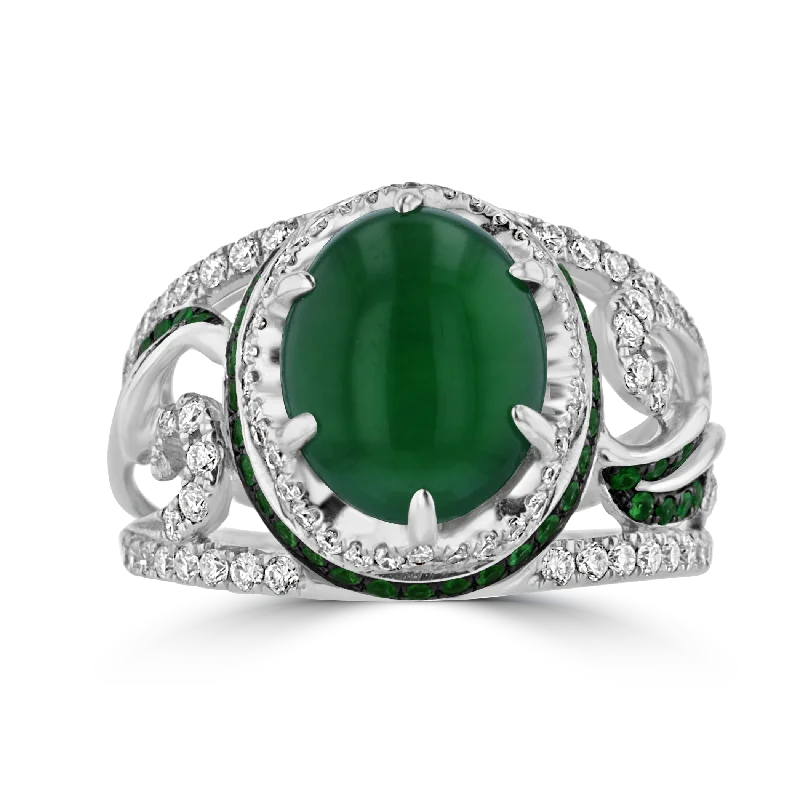 JULEVE 18KT 4.25CT JADE, 0.36CTW TSAVORITE & 0.64 CTW DIAMOND RING