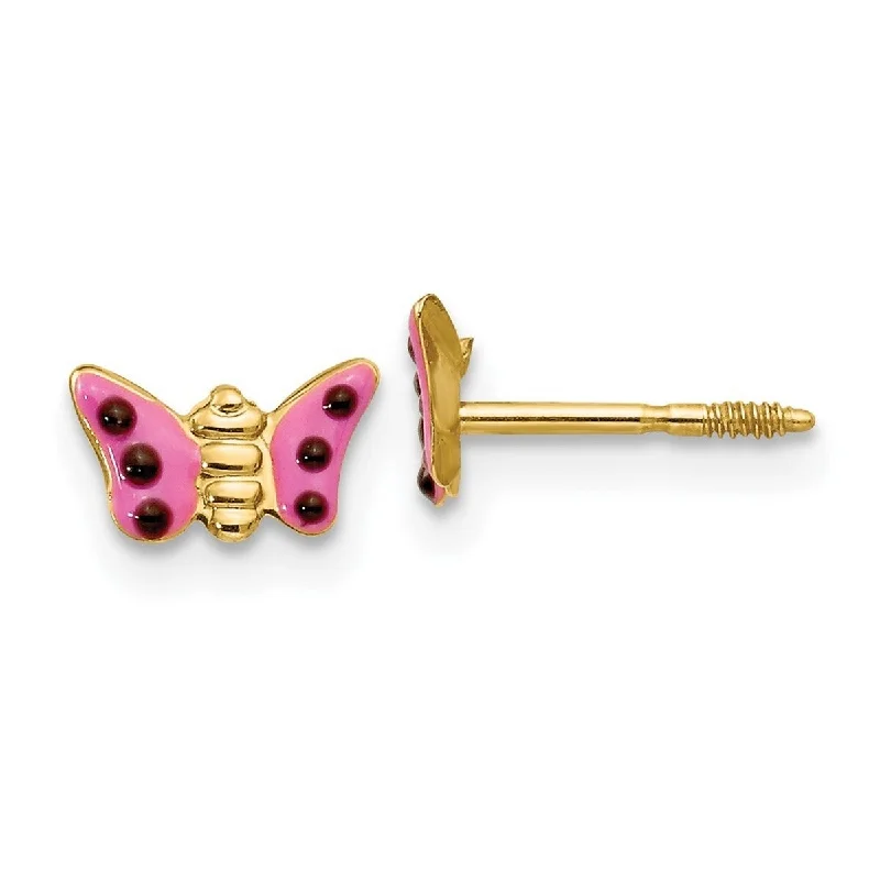 Curata 14k Yellow Gold Girls Pink Enameled Butterfly Earrings (5x7mm)