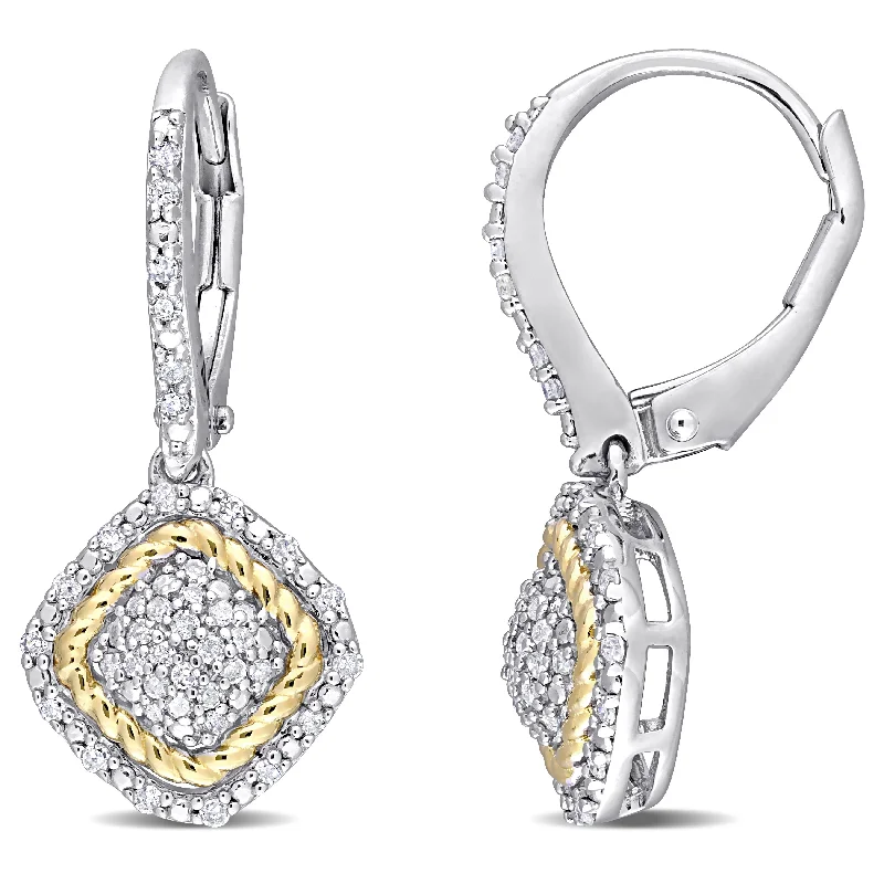 Miadora Yellow Plated Sterling Silver 1/3ct TDW Diamond Square Halo Leverback Drop Earrings