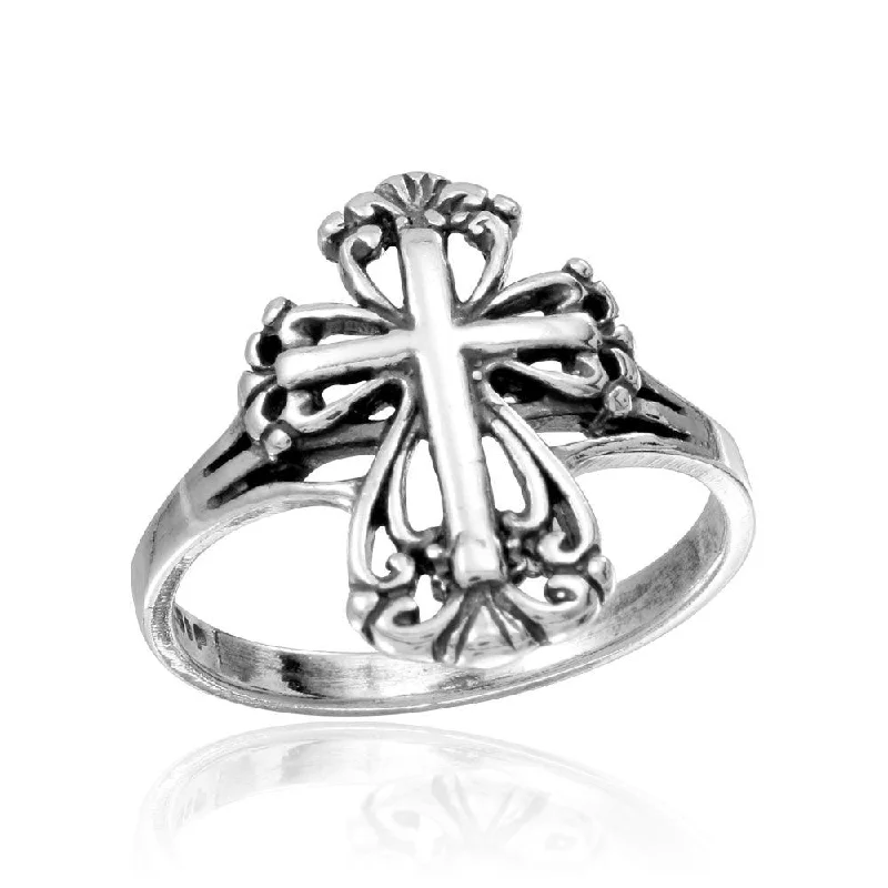 Rhodium Plated 925 Sterling Silver Cross Ring - CR00740