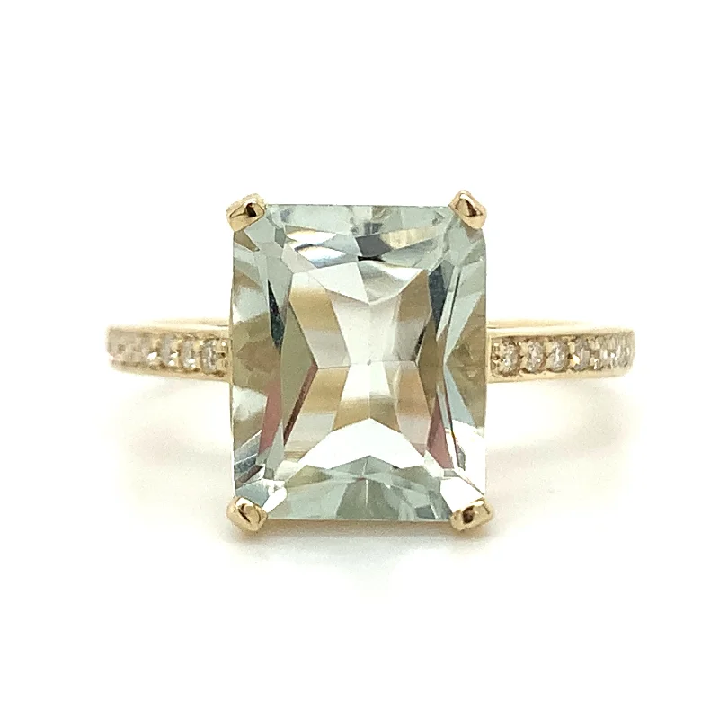 9ct Yellow Gold Earth Grown 2.90ct Green Amethyst And 0.10ct Diamond Ring