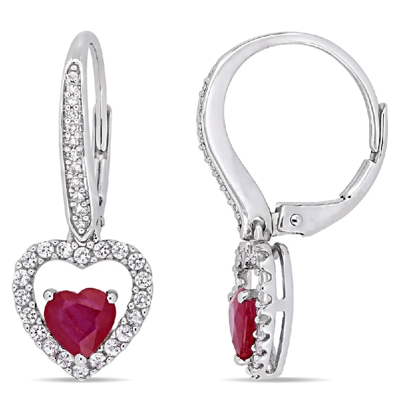 Miadora 14k White Gold Ruby White Sapphire 1/10ct TDW Diamond Heart Drop Earrings