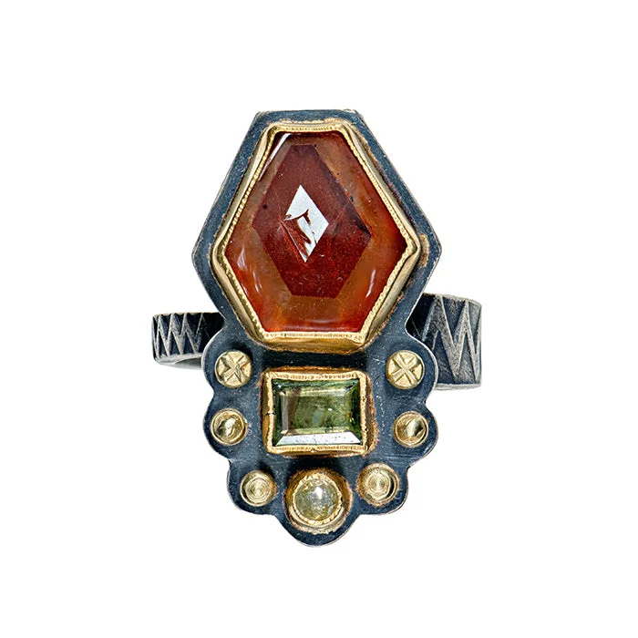 Red Agate, Sapphire and Diamond Ring - Sterling + 22k + 18k Gold - Size 8