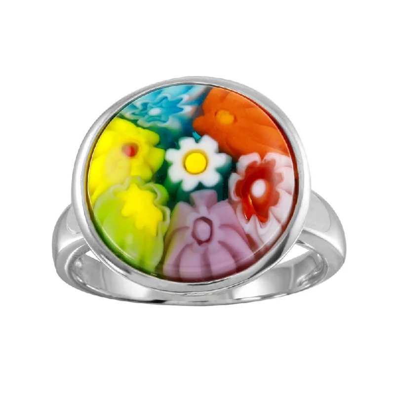 Rhodium Plated 925 Sterling Silver Disc Murano Glass Ring - MR00010