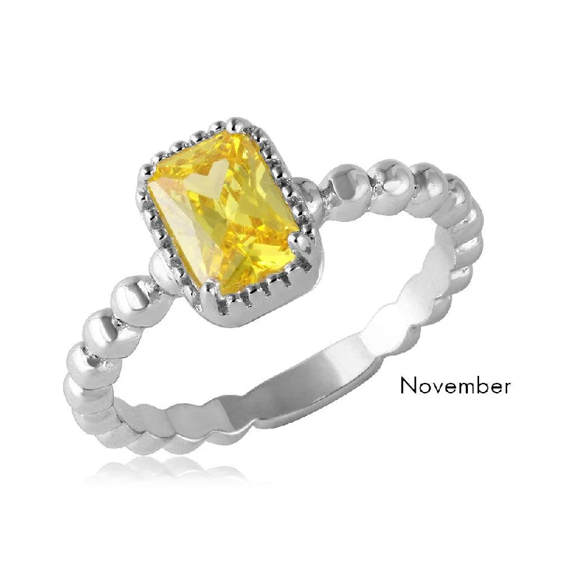 November Sterling Silver 925 Rhodium Plated Beaded Shank Square Center Birthstone Ring - BGR01081NOV