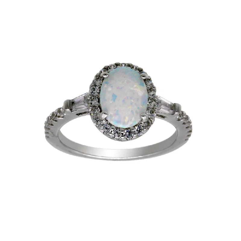 Rhodium Plated 925 Sterling Silver Oval Halo Opal CZ Ring - BGR01304