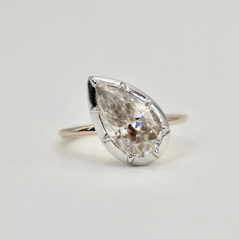 2.5 Carat Georgian Victorian Tilted Pear Diamond Ring in 14K Gold Button Collet Setting