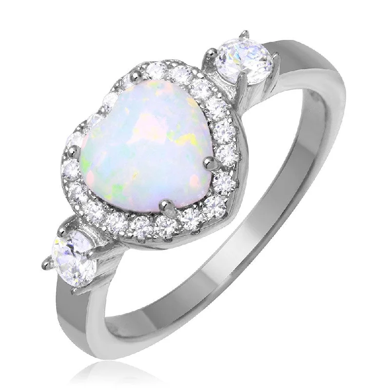 Rhodium Plated 925 Sterling Silver Halo Heart Ring with Synthetic Opal and CZ - BGR01043