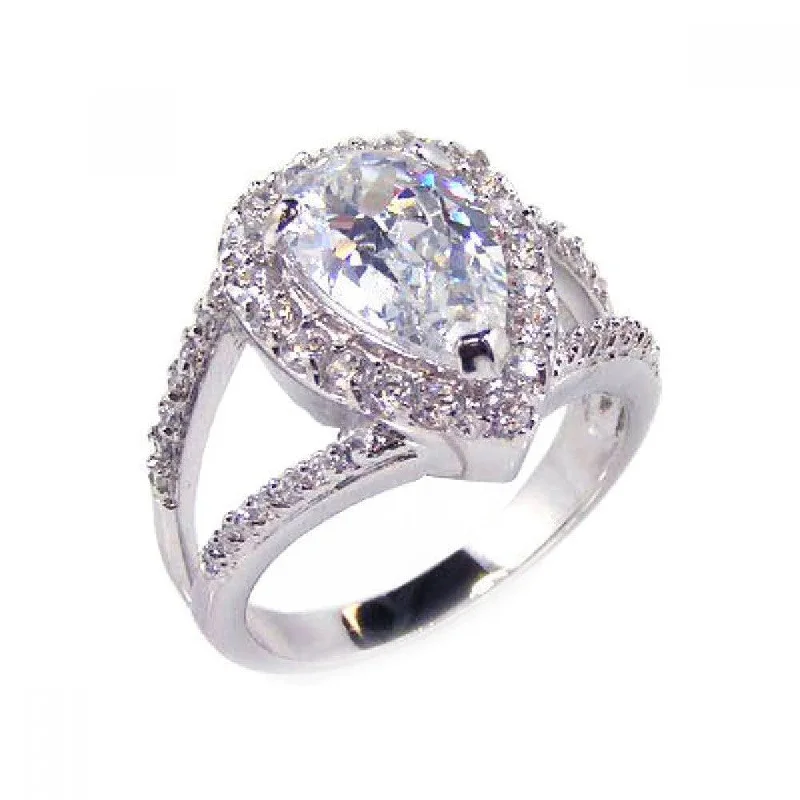 Silver 925 Rhodium Plated Clear Tear Shape CZ Bridal Antique Ring - BGR00084