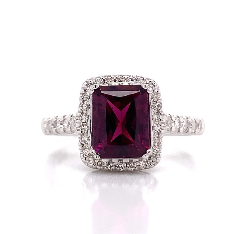 9ct White Gold Emerald Cut Rhodolite Garnet and Diamond Ring