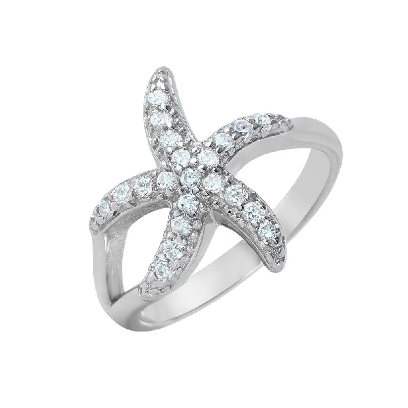 Silver 925 Rhodium Plated Clear Pave Set CZ Skinny Starfish Ring - BGR00949