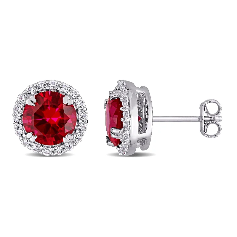 Miadora Sterling Silver 5 1/2ct TGW Created Ruby and White Sapphire Halo Stud Earrings - 11.1 mm x 11.1 mm x 6.5 mm