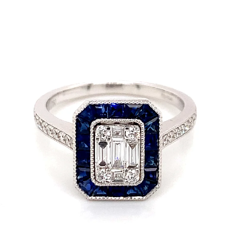 India - 18ct White Gold Sapphire Halo millgrain Edge Diamond Ring