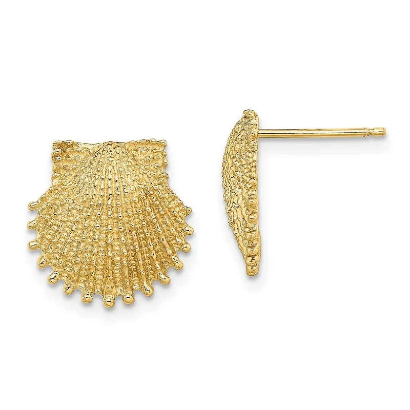 Curata 14k Yellow Gold Beaded Scallop Shell Post Earrings - 13.4x13.4mm