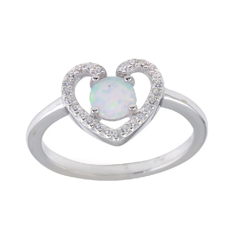 Rhodium Plated 925 Sterling Silver Heart Synthetic Opal Center CZ Ring - BGR01256