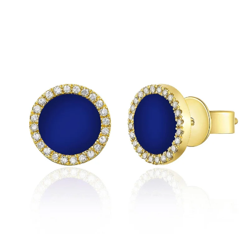 Joelle Lapis and Diamond Pave Disc Circle Stud Earrings 14K Gold