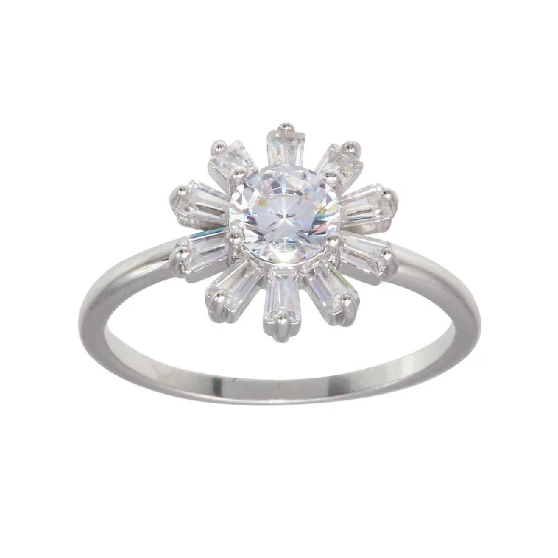 Rhodium Plated 925 Sterling Silver CZ Flower Shaped Ring - BGR01283