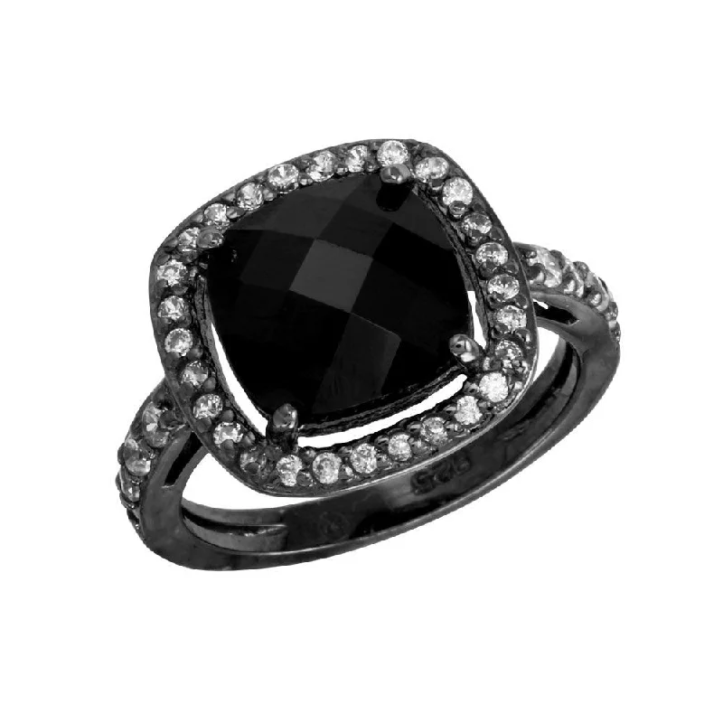 Black Rhodium Plated 925 Sterling Silver Square Halo Black CZ Center Ring - STR00597BLK