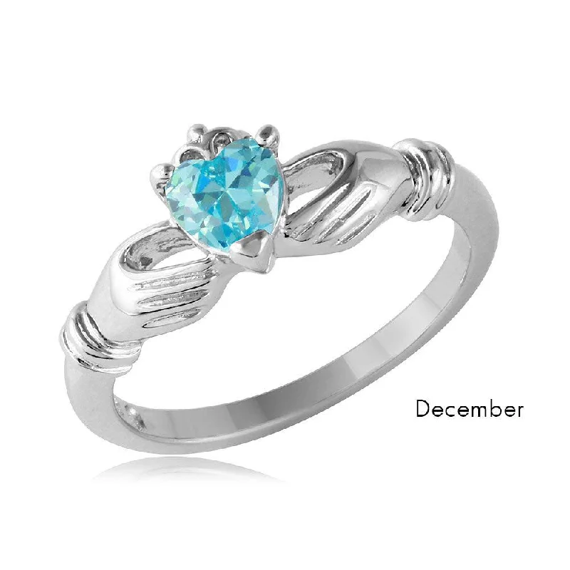 December Sterling Silver 925 Rhodium Plated CZ Center Birthstone Claddagh Ring - BGR01083DEC