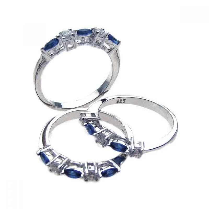 Silver 925 Rhodium Plated Blue and Clear CZ Ring Set - STR00510