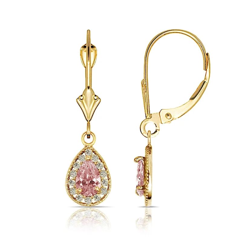 Curata Solid 14k Yellow Gold Birthstone Beaded Pear-shaped Cubic Zirconia Halo Dangle Leverback Earrings (6mm x 24mm)