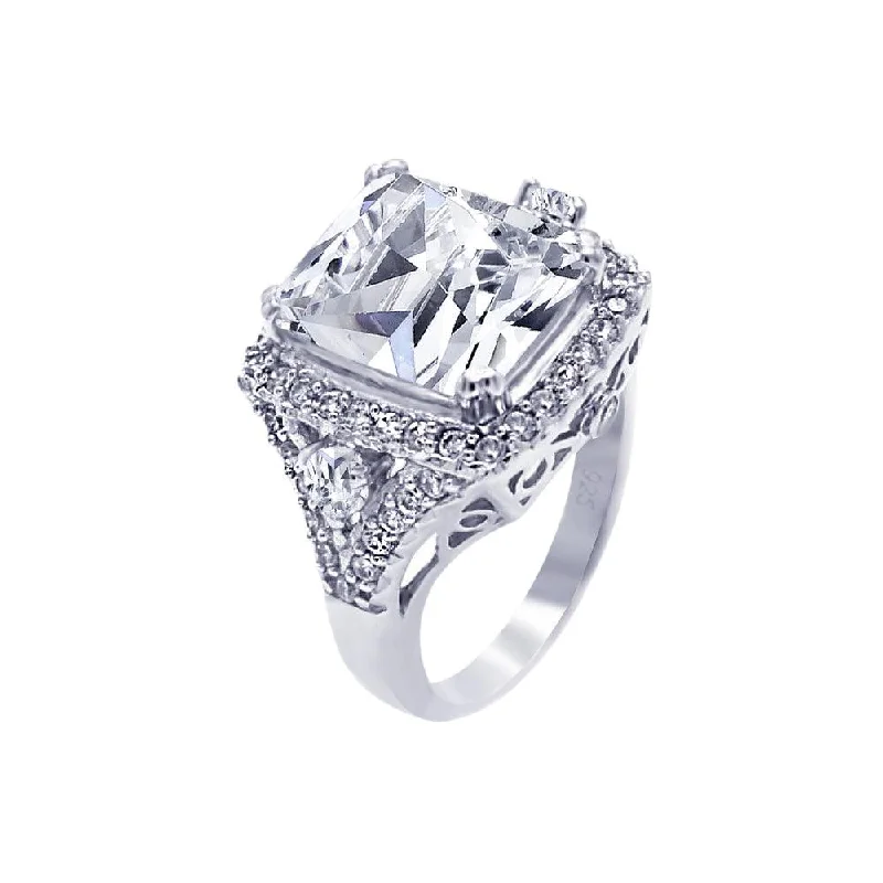 Silver 925 Rhodium Plated Pave Clear Square Center Cluster CZ Ring - ACR00029