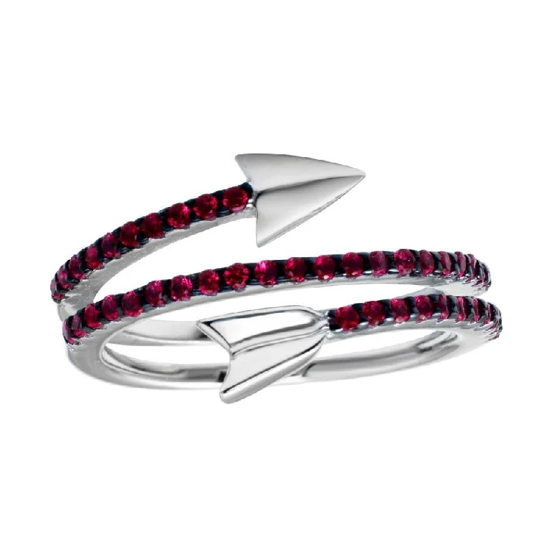 Rhodium Plated 925 Sterling Silver Wrap Arrow Red CZ Ring - BGR01189RED